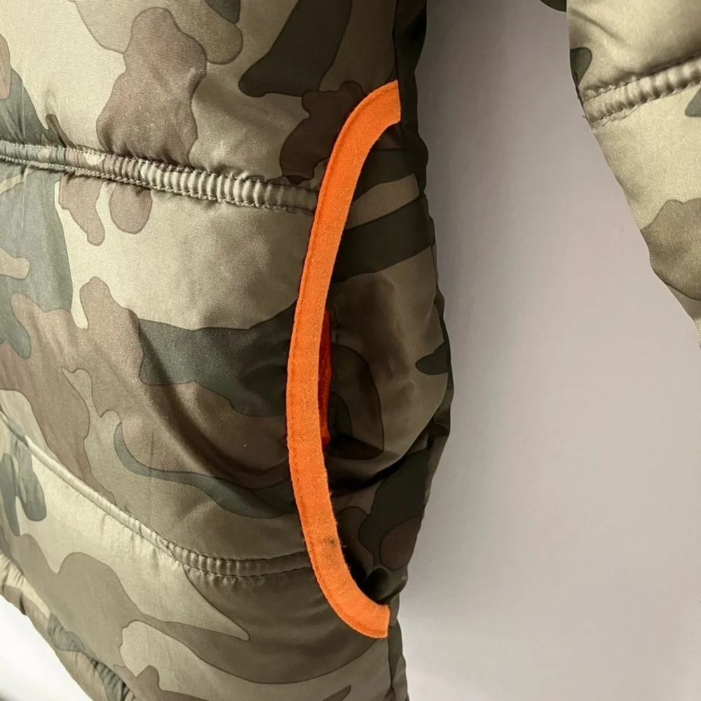 Boy’s Hooded Camo Cold Weather Puffer Coat, Large (10-12), Olive Green/Orange,